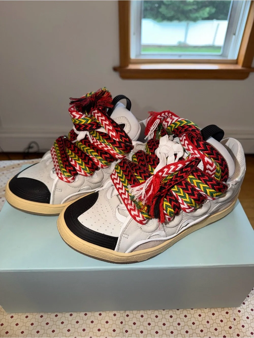 Lanvin White Sneakers with Black Toe and Multicolor Rope Laces